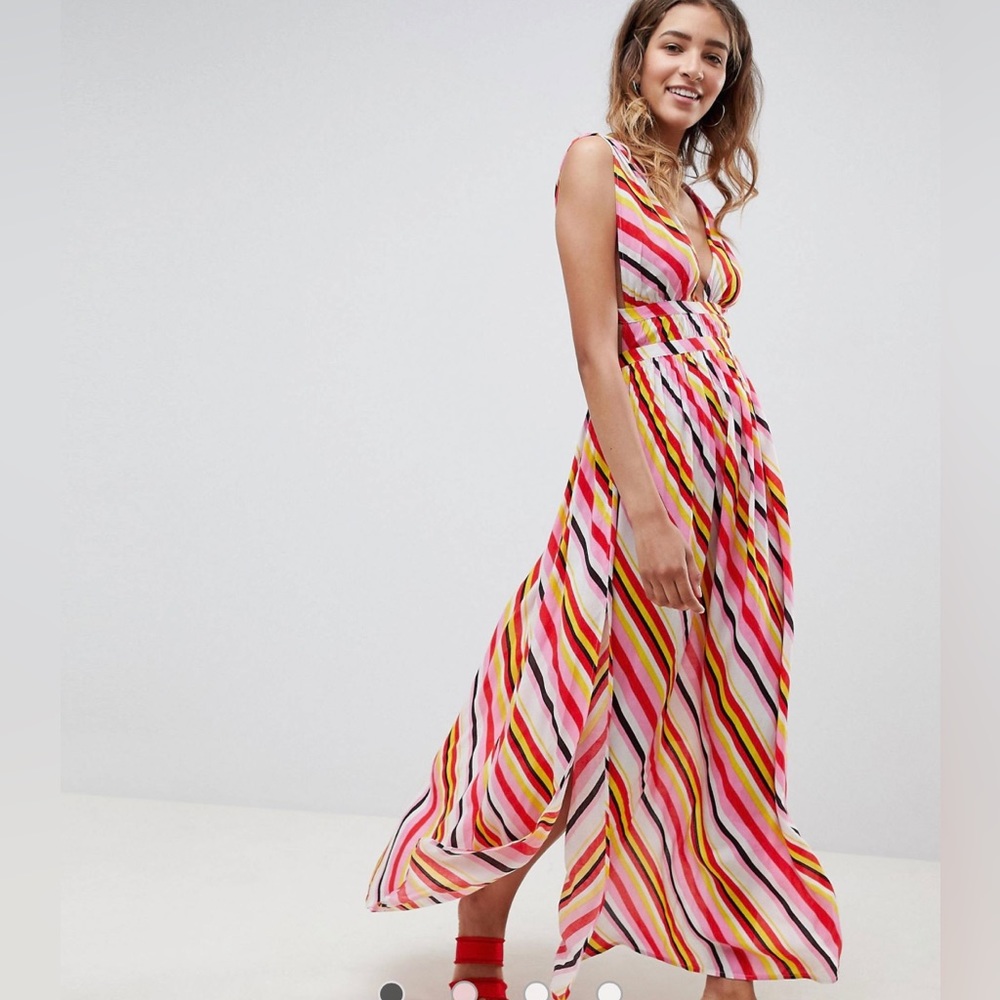 ASOS DESIGN stripe print grecian plunge maxi woven beach dress